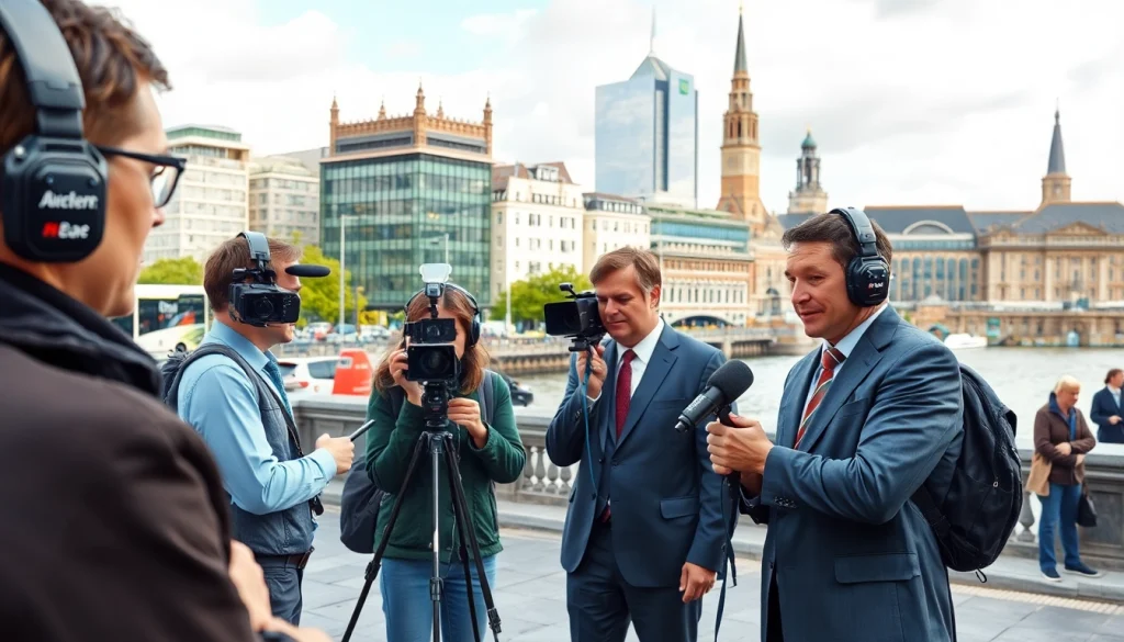 Reporters broadcasting live Northern Ireland news at https://diknews.co.uk/northern-ireland-news/ with iconic landmarks.
