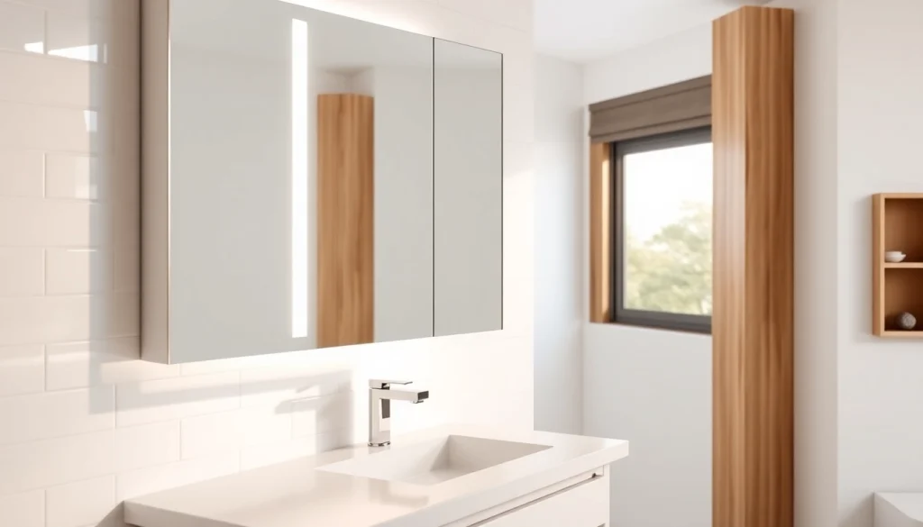 Spiegelschrank mit LED Beleuchtung perfekt integriert in ein modernes Badezimmer.