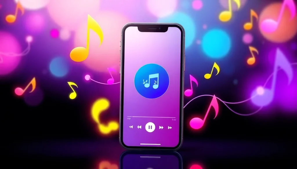 Download MP3 files from a smartphone featuring vibrant musical elements and a modern interface.