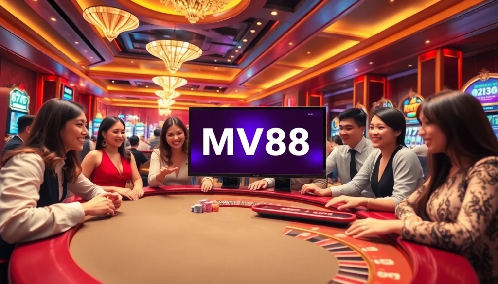 The MV88 game showcases a vibrant casino scene with thrilled players enjoying roulette and poker amidst festive lighting.