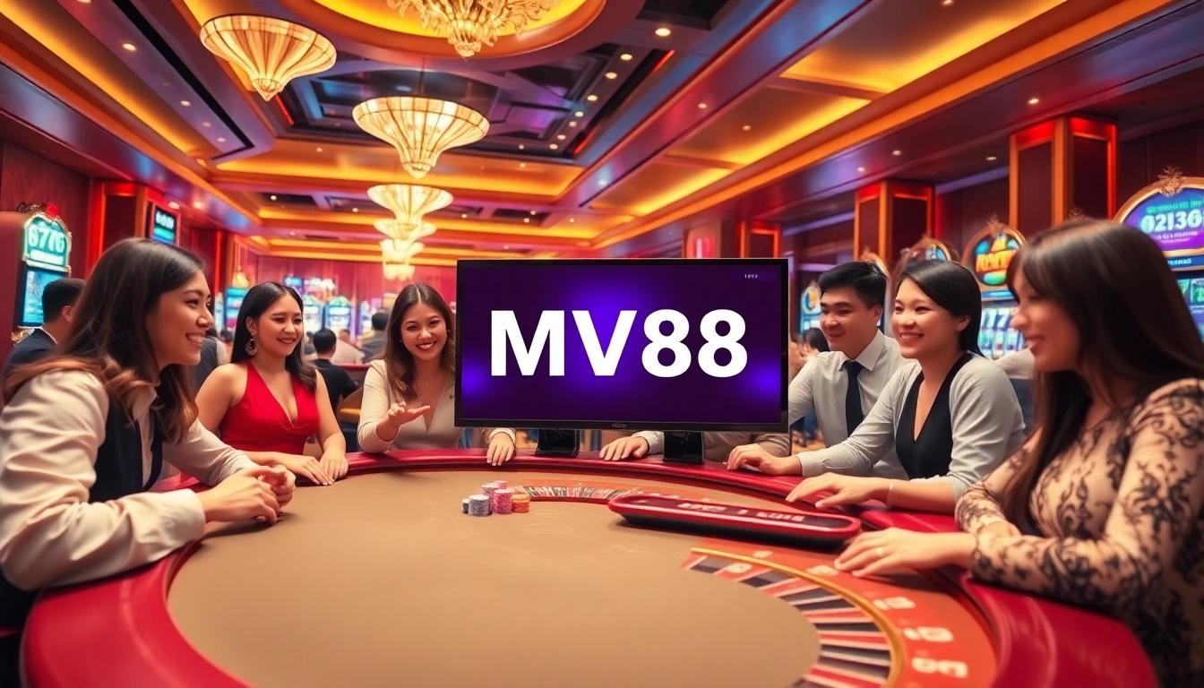 The MV88 game showcases a vibrant casino scene with thrilled players enjoying roulette and poker amidst festive lighting.