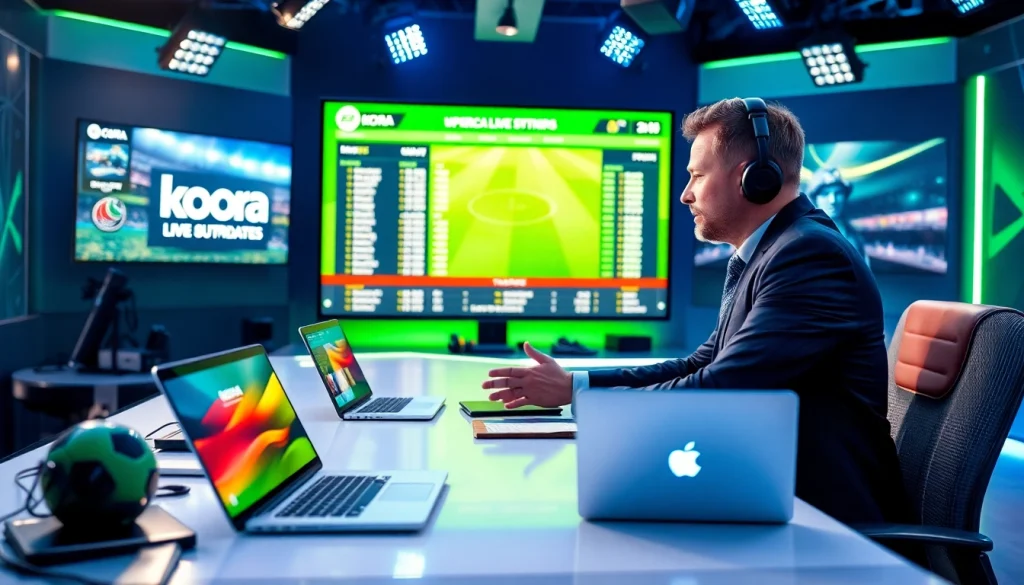 Engaging sports analyst delivering Koora live match updates in a vibrant media studio.