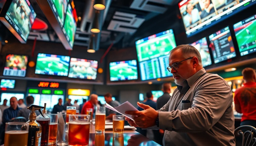 Engaging scene with bettors exploring the best sportsbooks Mexico in a lively sports bar.