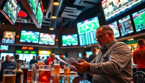 Engaging scene with bettors exploring the best sportsbooks Mexico in a lively sports bar.