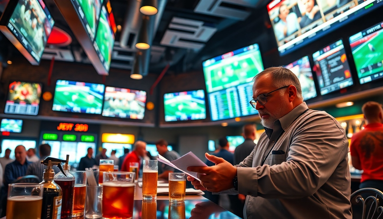 Engaging scene with bettors exploring the best sportsbooks Mexico in a lively sports bar.