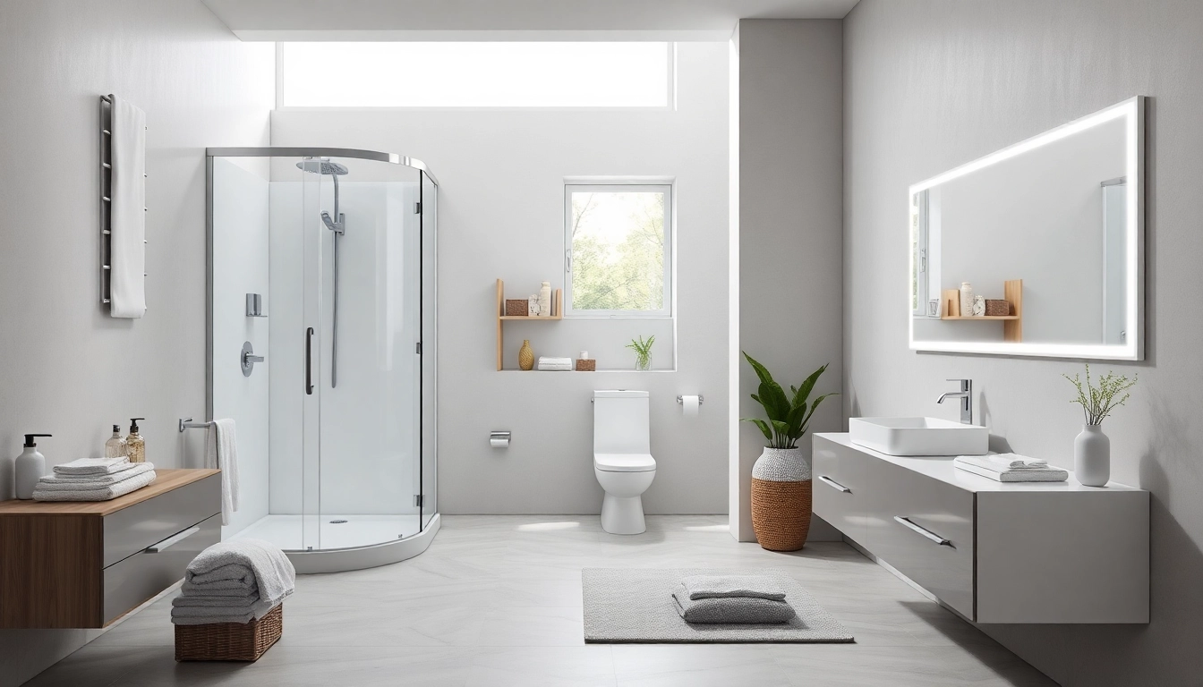 Aperçu d'une salle de bain moderne équipée de sirhona avec cabine de douche élégante et miroir LED.