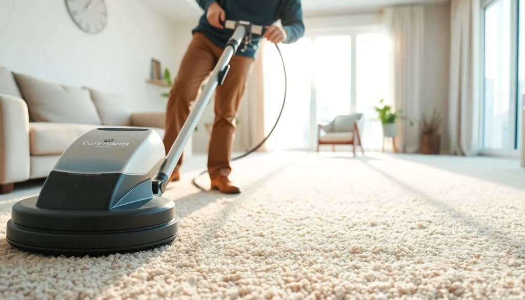 Expert in carpet cleaning Dubai working in a bright living room, showcasing cleaning service.