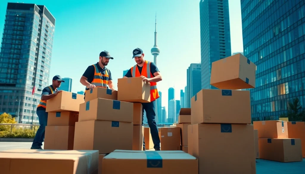 Efficient team of movers in action with the Toronto skyline, representing a reliable Toronto moving company.