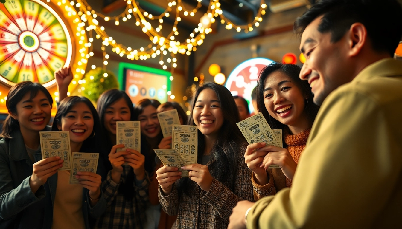 Pemain komengtoto merayakan kemenangan dengan tiket lottery mereka di ruangan yang hangat.