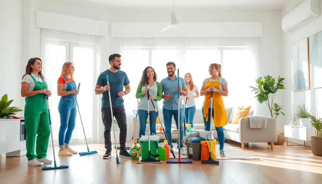 Cleaning Service professionals engaging with cleaning supplies in a bright, modern living room.