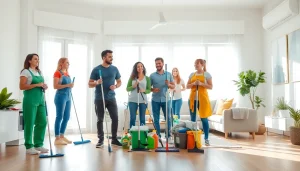 Cleaning Service professionals engaging with cleaning supplies in a bright, modern living room.