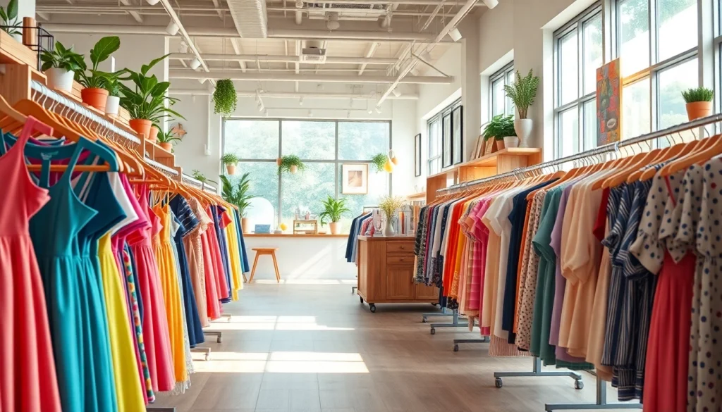 Shop at a bright clothing store with stylish apparel on display in an inviting atmosphere.