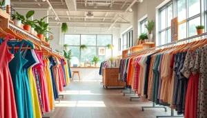 Shop at a bright clothing store with stylish apparel on display in an inviting atmosphere.