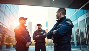 Security Guards providing vigilant protection at a corporate entrance in an urban setting.
