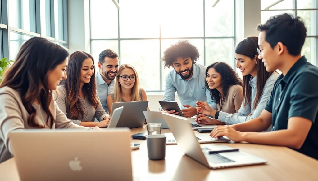 Technology Companies collaborative team working together in a modern office setting