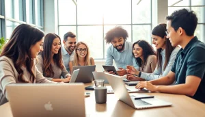 Technology Companies collaborative team working together in a modern office setting