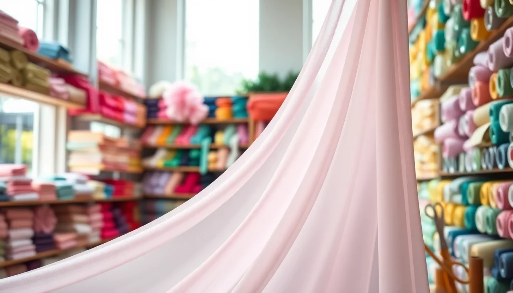 Mousseline stof in verschillende kleuren en texturen, prachtig weergegeven in een stoffenwinkel.