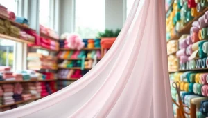 Mousseline stof in verschillende kleuren en texturen, prachtig weergegeven in een stoffenwinkel.