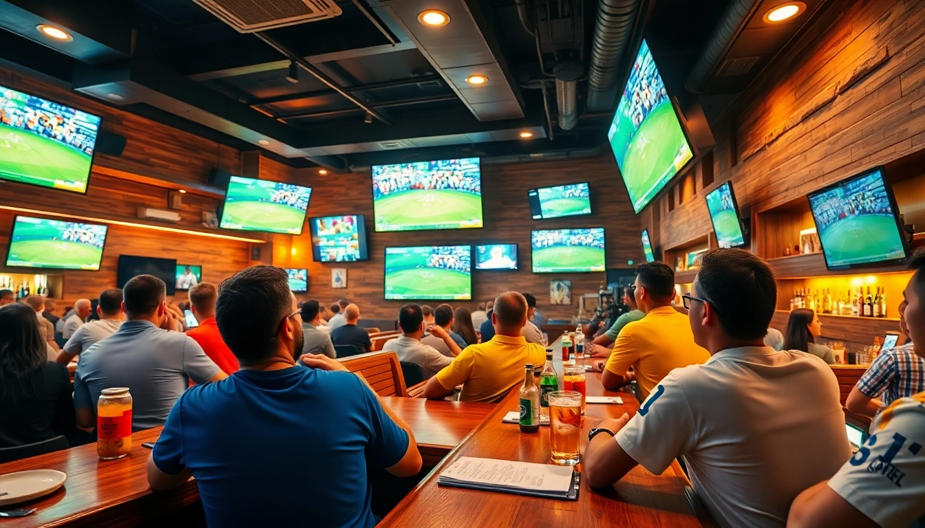Engaged fans in a lively sports betting in Brazil environment cheering for their teams.