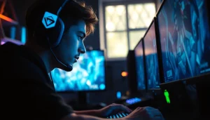 Menampilkan gamer serius yang memainkan daftar ggsoft game pada perangkat gaming modern.