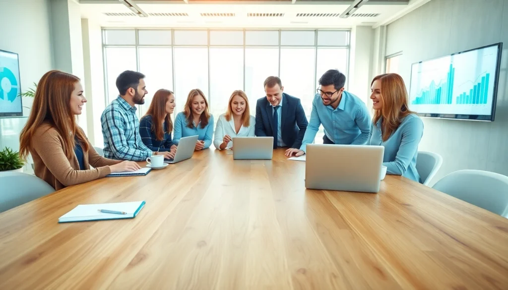 Engaged team collaborating at https://www.fire85.com in a modern office setting with bright lighting.