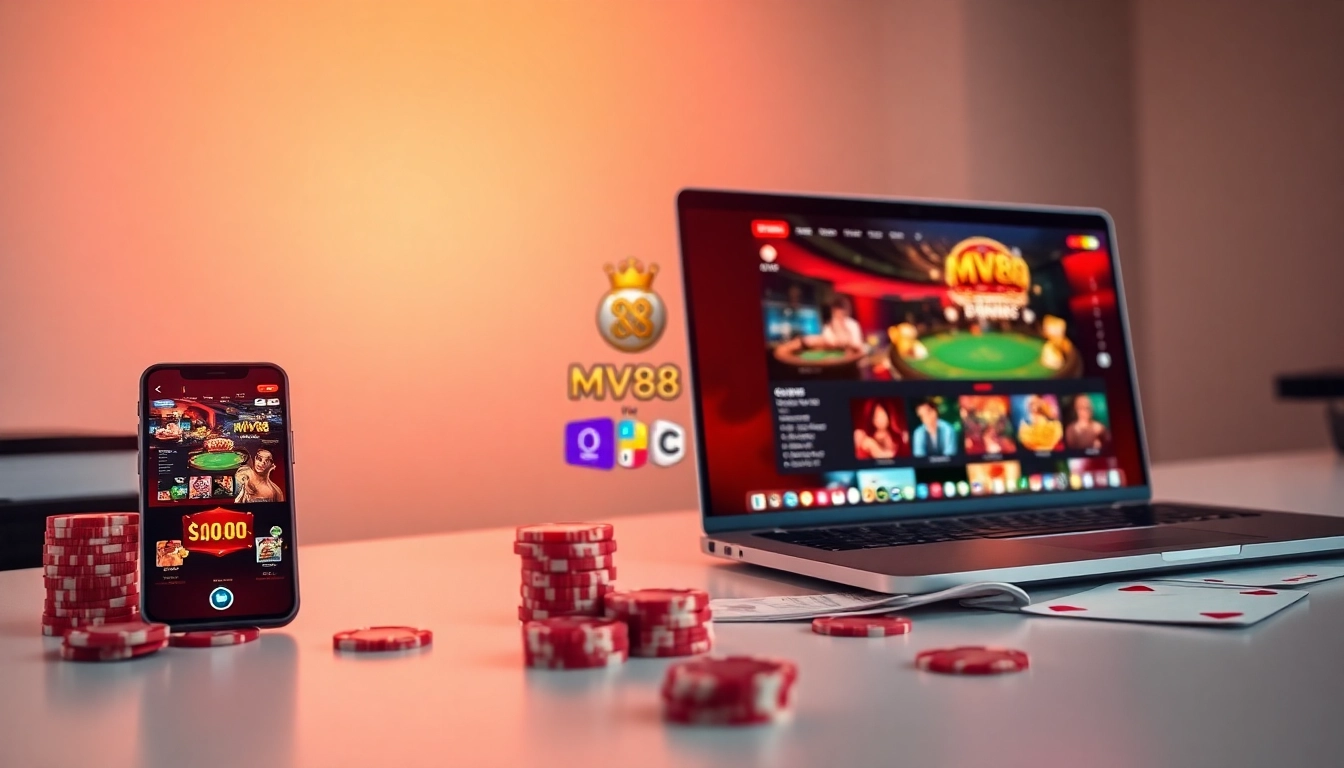 MV88 game interface showcasing vibrant online gaming experience with casino elements.