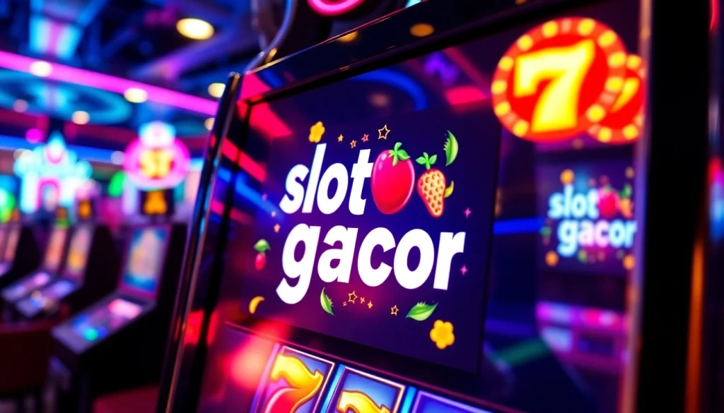 Menggambarkan slot gacor dengan grafis menonjol dan suasana kasino yang ceria dan bersemangat.