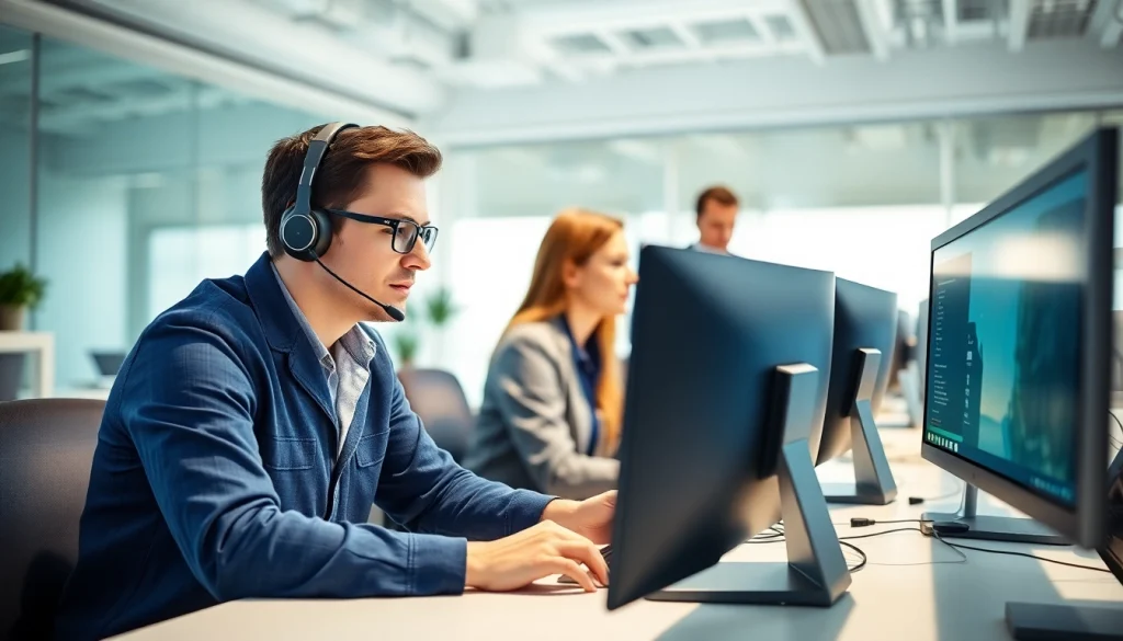 Providing computer IT support with expert assistance in a modern office setting.