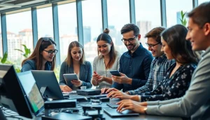 Leveraging technology in a collaborative workspace with diverse professionals, showcasing innovation.