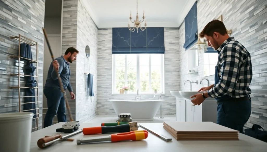 Skilled bathroom builders transforming an elegant bathroom with professional craftsmanship.