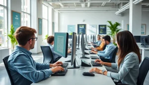 Enhance your skills at this typing center with a modern workspace featuring dynamic elements.