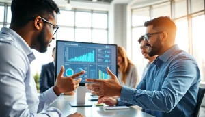 View of https://www.benchbot.ai AI testing platform being showcased by a diverse team in a modern office.