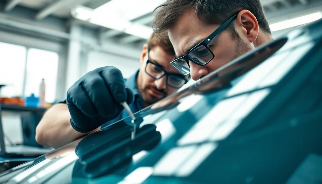 Fachkundige autoglas reparatur berlin bei der Arbeit an einem beschädigten Fenster.