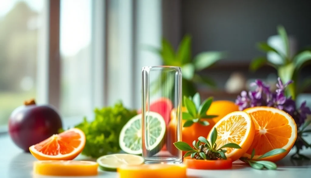 Oxva Liquid in a sleek bottle amidst fresh fruits and herbs, showcasing vibrant flavors.