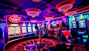 Kasinojitu menampilkan suasana kasino yang ceria dengan pemain perayaan kemenangan.