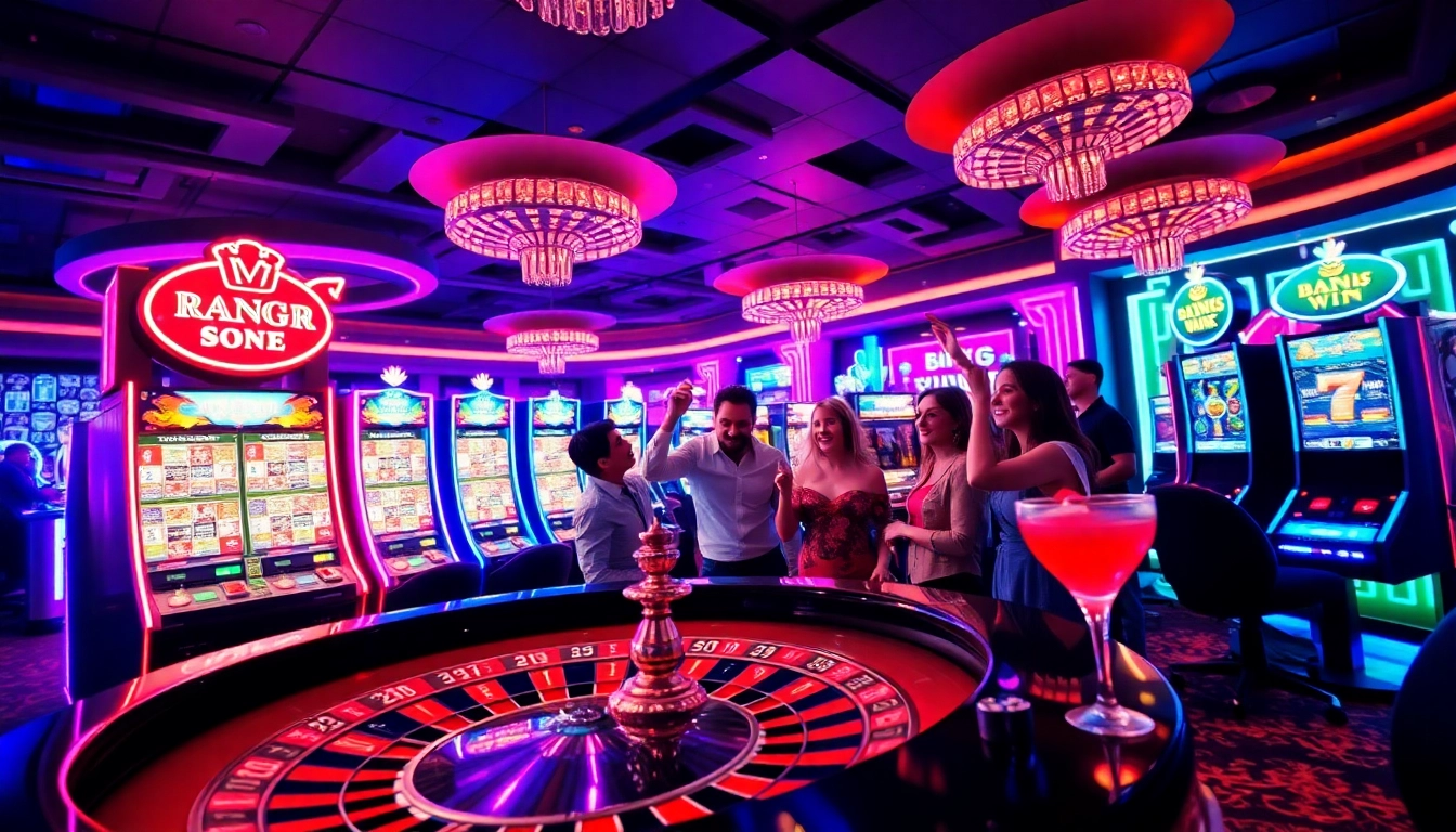 Kasinojitu menampilkan suasana kasino yang ceria dengan pemain perayaan kemenangan.