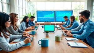 Marketers collaborating in a bright workspace showcasing analytics at https://press.farm.