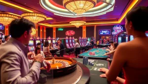 KJC AC gaming scene with players at roulette and poker tables, immersed in vibrant casino activities.