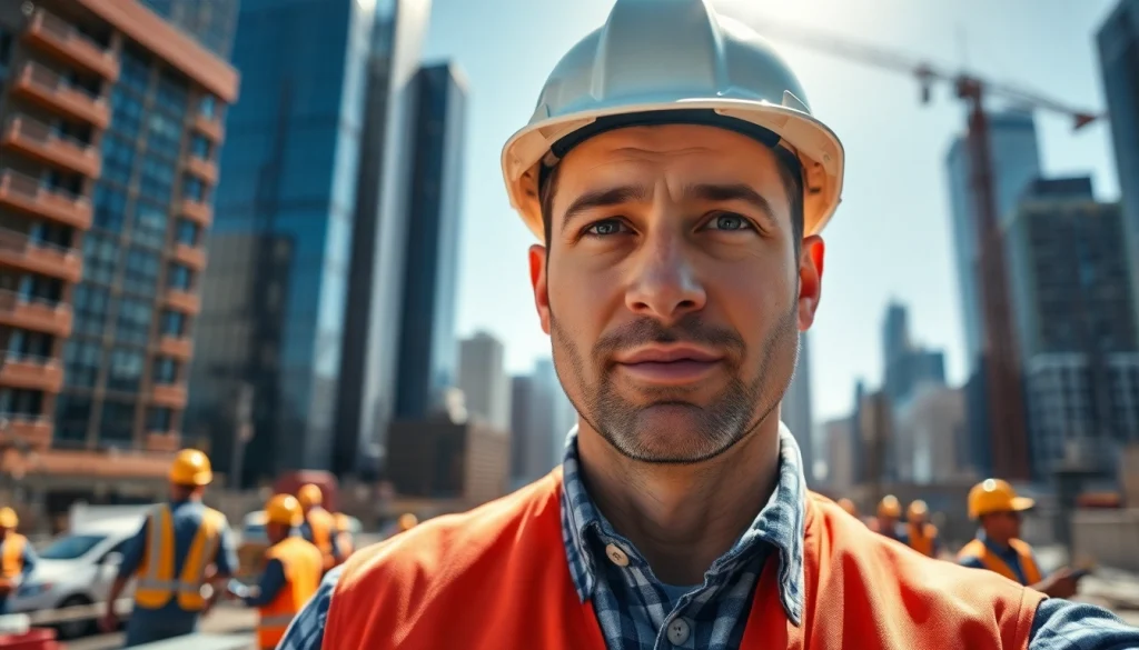New York City Construction Manager directing a vibrant construction site with city skyscrapers