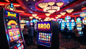 Menampilkan bro138 slot yang berkilau di kasino, menarik perhatian pemain dengan simbol ceria.