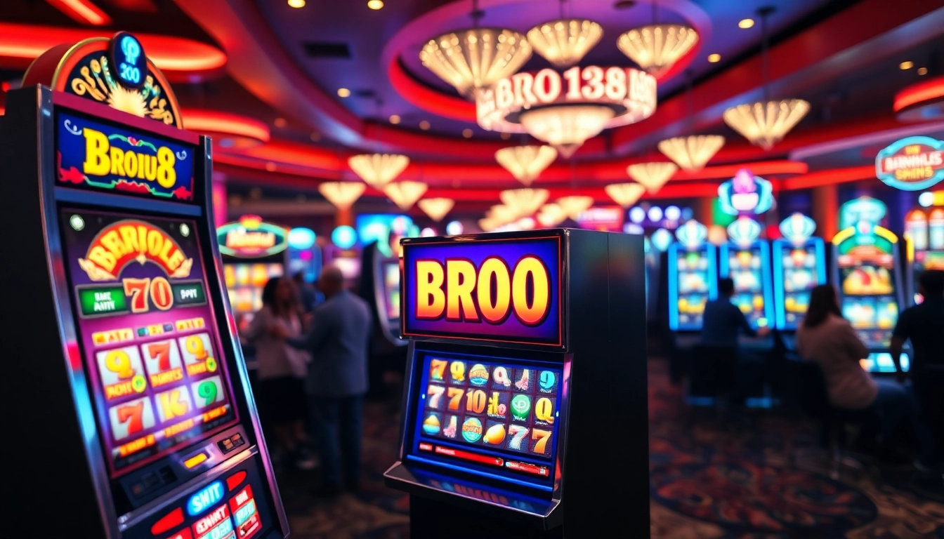 Menampilkan bro138 slot yang berkilau di kasino, menarik perhatian pemain dengan simbol ceria.