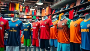 Shop various football kits showcasing unique styles and designs in a vibrant retail environment.