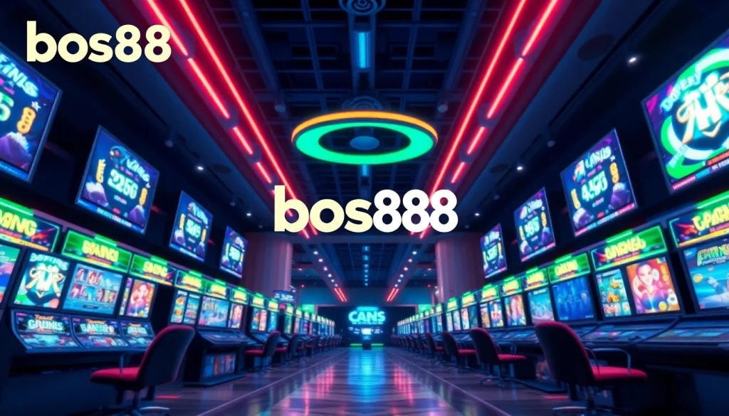 Menggambarkan logo dan fitur menarik dari bos88 dalam sebuah platform gaming online.