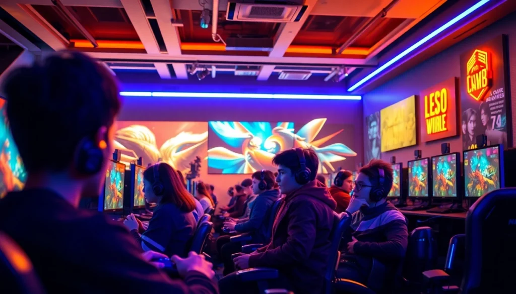 Exciting gaming lounge scene highlighting gamers engaged in New88, portraying energy and competitive atmosphere.