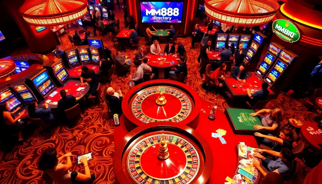 Exciting gambling scene showcasing players at roulette and poker tables at https://mm88.directory/
