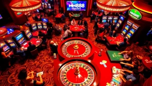 Exciting gambling scene showcasing players at roulette and poker tables at https://mm88.directory/
