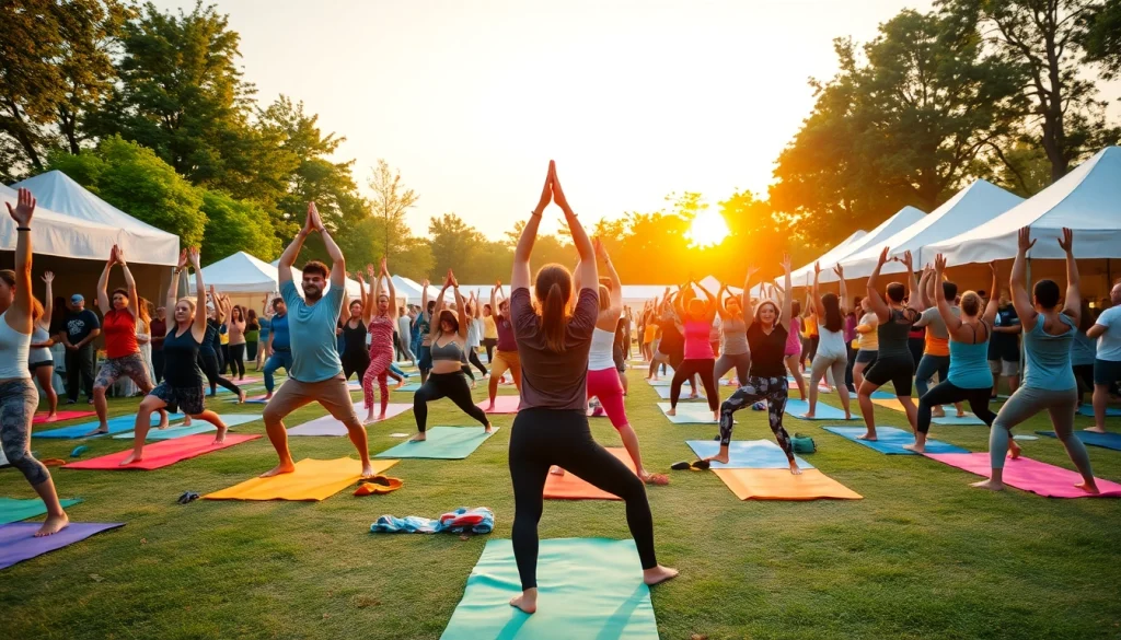 Participants practicing yoga festival poses in a vibrant outdoor setting at sunset.