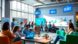 Team of professionals collaborating on SEO strategies in a modern office by a seo company.