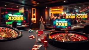Experience the thrill of winning at Trang Chủ XX88, the premier online casino showcasing poker chips and vibrant roulette wheels.
