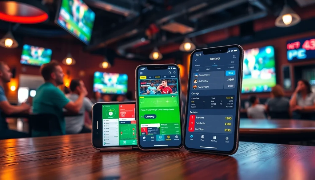 Showcase the best sports betting apps in India on a smartphone within a vibrant sports bar setting.